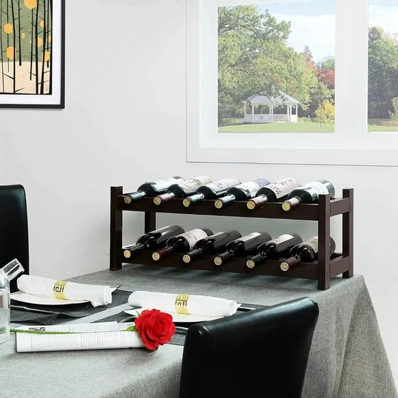 VASAGLE 12-Wooden Wine Rack, 2-Tier Tabletop Bottles Storage Shelf, Espresso